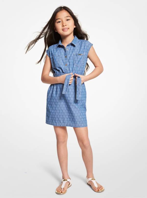 Detske Saty Michael Kors Girls Logo Jacquard Chambray Shirt Modre - Oblecenie Michael Kors Sleva | VDESJ-5049